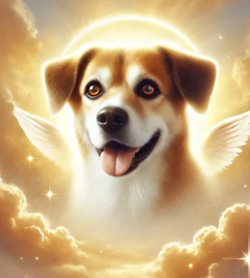 DALL·E 2025-03-07 00.42.42 - A realistic, memorial-themed portrait of a dog with a heavenly glow. The dog appears peaceful and happy, surrounded by soft clouds and warm golden lig